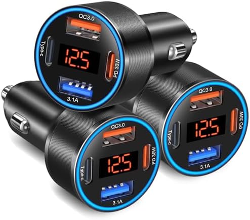 65 W 4-Port USB C Car Charger – Dual USB-A & USB-C Cigarette Lighter Adapter with Built-in Voltmeter for Safe Fast Charging – Ideal for i Phone 16/15/14/13/12/11 Pro Max and Android Devices – Travel Essential Accessory for High-Speed Power Supply