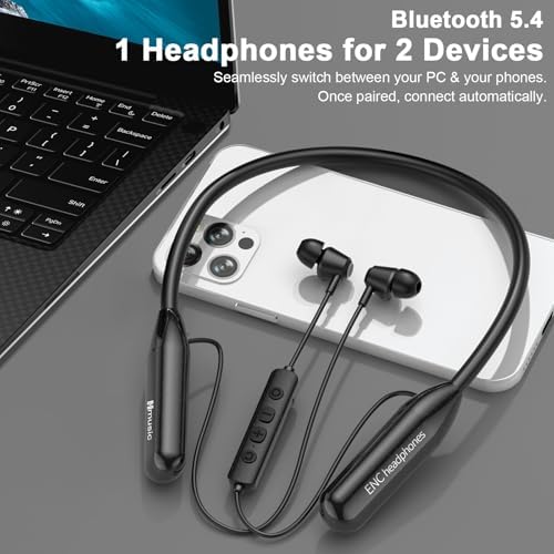 Hmusic H25 Bluetooth Neckband Headphones – Exceptional 200-Hour Battery Life with IPX5 Waterproof Protection for Active Users, Superior Audio Performance with ENC Microphone, Next-Gen Bluetooth 5.4 for Effortless Pairing, Ergonomically Designed for Ultimate Comfort During Gaming, Work, and Travel Activities