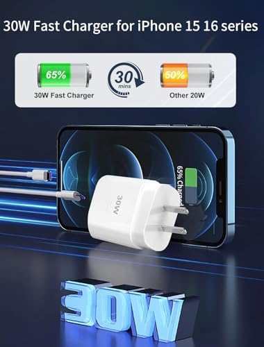 30 W USB-C Super Fast Charger Block with 10 FT Type C Cable – Optimal Charging Solution for i Phone 16/15 Pro & Galaxy S25 Ultra – Enhanced Portability & Rapid Power Delivery for All Devices