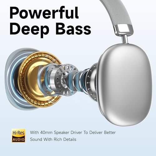 Ultimate Comfort Over-Ear Bluetooth 5.3 Headphones – Lightweight Wireless Headset with Adjustable Fit and Built-In Microphone for Gaming, Travel, and Sports – Seamless Compatibility with i Phone, Android, and Samsung Devices (Silver)