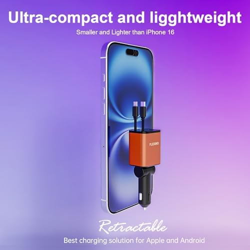 Premium Flexino Compact Retractable Car Charger for i Phone 16 – 69 W Fast Charging with Dual 2.6 ft USB C Cords | Efficient Power Adapter Compatible with i Phone 16/15/14/13/12 Series & Galaxy Devices | Sleek Grey Design for Ultimate Portability and Reduced Cable Clutter