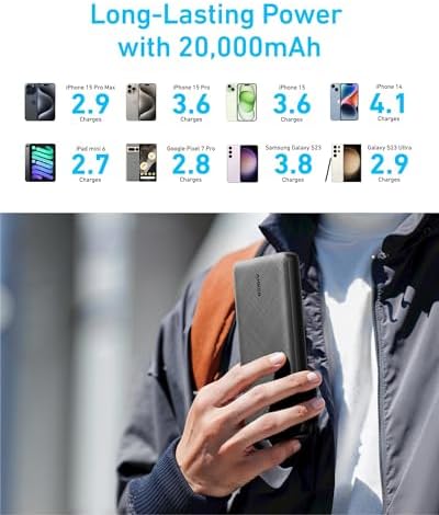 Anker Power Core Essential 20 K Portable Charger – 20,000 m Ah High-Capacity Power Bank with 15 W Fast Charging, Dual USB-A Outputs, USB-C Input/Output for i Phone, Air Pods, and More – Ultimate Travel Companion for Uninterrupted Connectivity