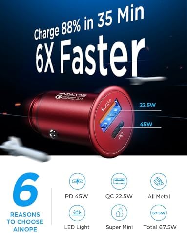 Compact AINOPE 67.5 W USB-C Car Charger – Fast Charging Dual Port QC3.0 Adapter for i Phone 16 & Samsung Galaxy – Mini Cigarette Lighter Accessory in Stylish Purple for Efficient On-the-Go Power Solutions