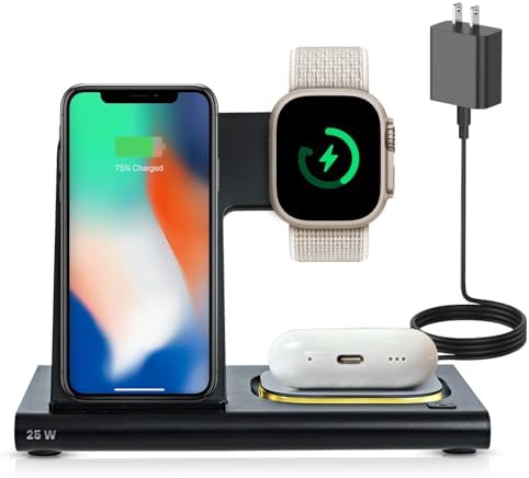 Spracht Flex Charge 3-in-1 Portable Charging Station – 25 W Fast Wireless Charger for Smartphones, Smartwatches, and Earbuds with Integrated Night Light – Foldable Travel-Friendly Design for Enhanced Device Compatibility – Sleek Black Finish for Home and On-the-Go Power Solutions