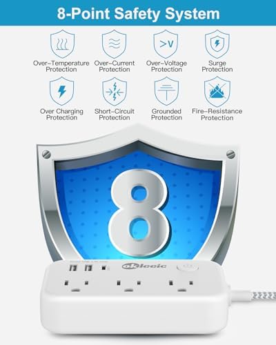 Compact Power Strip with USB-C and Dual USB-A Ports – 3 ft Extension Cord with 4 Outlets & 4.8 A Fast Charging Station for Laptops, Tablets, and Smartphones – Flat Plug Design Perfect for Tight Spaces and Travel – Versatile Multi-Device Charging Hub for Home and Office Use