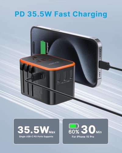VINTAR Universal Travel Adapter: All-in-One Power Converter with 6 A Output, 3 USB-C and 2 USB Ports for Fast Global Charging Across Europe, UK, USA, and Australia – Essential Travel Accessory for Effortless Device Connectivity and Safety Features
