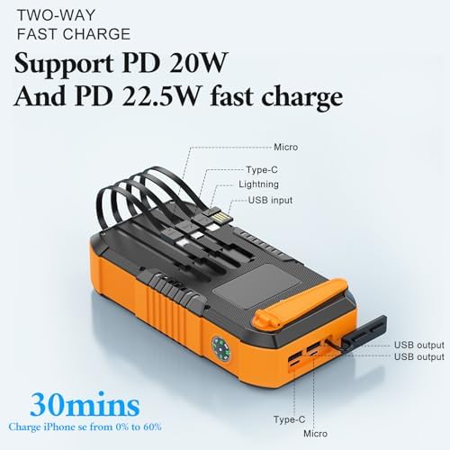 High-Capacity 66800 m Ah Solar Power Bank with Hand Crank – 22.5 W Fast Charging, 6 Outputs, Waterproof & Versatile Camping Essential for Outdoor Adventures and Emergency Preparedness – Your Ultimate Hiking Companion in Orange