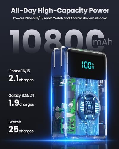 Versatile 4-in-1 Travel Charger with Integrated Wall Plug & USB-C Cables – 10800 m Ah Power Bank Featuring Magnetic Apple Watch Charging, QC4.0 & PD 25 W Fast Charging – Compact Solution for i Phone 16/15, Android Devices & More – Enhanced Portability & Smart Safety Features for On-the-Go Power