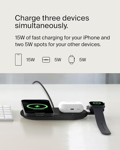 Belkin 15 W Mag Safe-Compatible 2-in-1 Wireless Charging Station – Fast Dual Device Charger for i Phone 16, 15, 14, 13 Series & Air Pods – Sleek Sand Design for Effortless Portability and Seamless Power Solutions