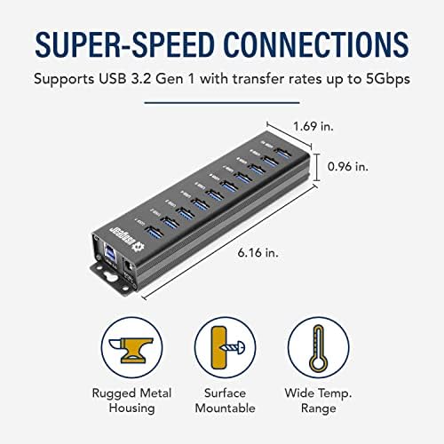 Maximize Connectivity with the 10-Port USB 3.2 Gen 1 Mountable Hub – Super Speed Data Transfer & Fast Charging for Home and Office Use, Includes 5 V/4 A Power Adapter & USB Type-A to Type-B Cable, Versatile Wall or Surface Mounting for Enhanced Productivity