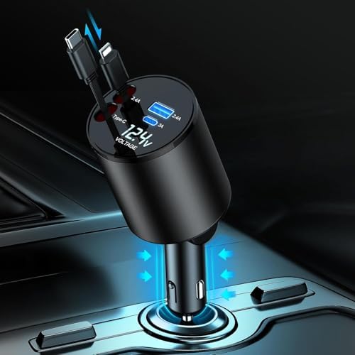 Ultimate 4-in-1 Retractable Car Charger – 60 W Super Fast Charging for i Phone 11-16, Galaxy, Pixel & Air Pods 4 – Dual USB Ports & Tangle-Free Cables for Maximum Convenience on the Go – Compact Power Adapter for All Your Devices