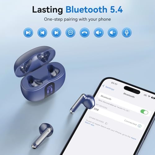 Revolutionary Bluetooth 5.4 Wireless Earbuds with Exceptional 50-Hour Playtime and Powerful Deep Bass – IPX7 Waterproof Design for Active Lifestyles – Sleek Black Charging Case Featuring Battery Indicator for Ultimate Convenience and Durability