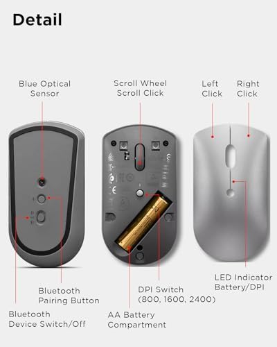 Lenovo Go Multi-Device Wireless Mouse – Versatile Dual Connectivity Bluetooth Optical Mouse with USB-C Rechargeable Battery, Adjustable DPI, Qi Charging, and Ambidextrous Design in Sleek Grey – Perfect for Multitaskers and Professionals