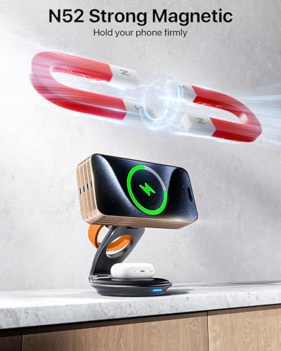 Ultimate 3-in-1 EXW Travel Charging Station for Apple Devices – Magnetic Foldable Wireless Charger for i Phone 16-12 Series, Apple Watch, and Air Pods with 30 W Fast Charger – Sleek Design for Enhanced Portability and Efficiency