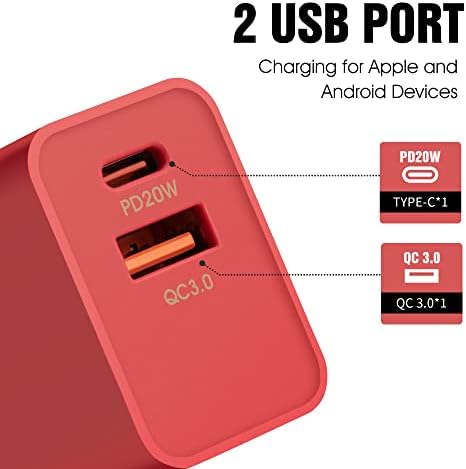 20 W Fast Charging USB C Wall Charger Duo – Dual Port USB-C & USB-A Power Adapter with 2 ft Cable for i Phone 14/13/12/11 Pro Max, Google Pixel, Galaxy & More – Sleek Red Design for Enhanced Compatibility and Speed