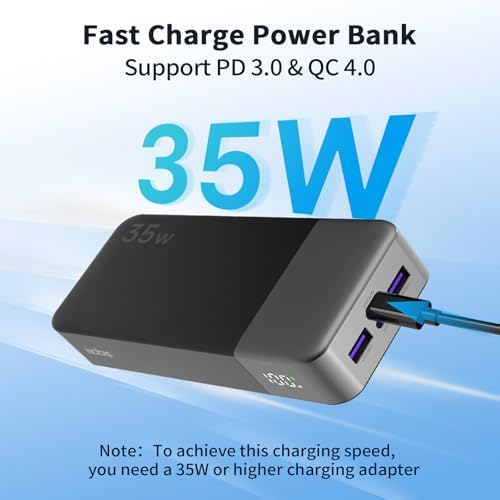 NOBIS 20000 m Ah Portable Power Bank – 35 W Fast Charging Battery Pack with USB-C Cable & Digital Display for Ultimate Device Compatibility – Stay Charged on the Go!