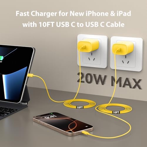 Ultimate 10 FT USB-C Fast Charging Kit for i Phone 16 and 15 – 20 W Power Adapter & Extra Long Cord for Rapid Charging of i Pads and Android Devices – Enhanced Compatibility and Durability for Everyday Use
