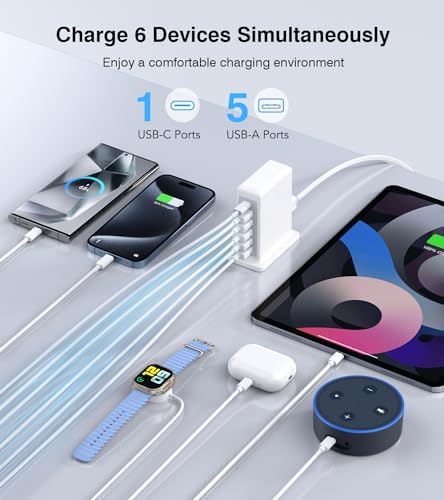 Ultimate 125 W USB-C Multi-Device Charging Station: 6-Port Fast Charger with Ga N Technology for i Phone, i Pad, Apple Watch, Galaxy S23 & More – Compact Power Hub for Home & Office Efficiency