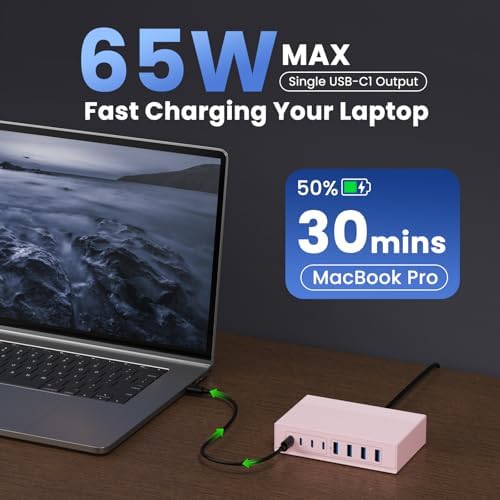 Revolutionize Your Charging Experience: 200 W Ga N III USB C Travel Charger Hub – 8-in-1 Multi-Device Fast Charging Station for Mac Book Pro, Dell XPS, i Phone 16/15/14 & Galaxy S24 – Compact, Lightweight Design with PD 65 W Power Delivery & Enhanced Compatibility – Stylish Purple Finish for Tech Enthusiasts