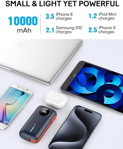 Ayeway Ultra-Compact 10,000 m Ah Portable Power Bank with Integrated Charging Cable – Fast USB C Battery Pack for i Phone, Samsung, and 5 V Heated Vests – Lightweight, Multi-Device Charging Solution for On-the-Go Connectivity