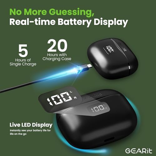 Transform Your Audio Experience with GEARit True Wireless Bluetooth Earbuds – Featuring Cutting-Edge Active Noise Cancellation, Superior HD Sound Quality, User-Friendly Touch Controls, Real-Time LCD Battery Display, Lightning-Fast Bluetooth 5.4 Connectivity, and Up to 20 Hours of Playtime – Perfect for Audiophiles and On-the-Go Professionals Seeking Ultimate Sound Freedom