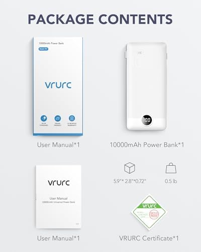 VRURC 10,000 m Ah USB C Power Bank with Built-in Cables & AC Wall Plug – Compact Lightweight Travel Charger for Smartphones & Tablets – Ultimate Convenience & Enhanced Charging Speed
