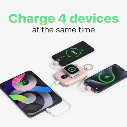 Versatile PWR Versa 4 in 1 Portable Charger for Apple Watch – 5000 m Ah Wireless Power Bank with Built-in Cables and Travel Keychain – Fast Charging, Enhanced Device Compatibility, and Durable Design for On-the-Go Power Solutions