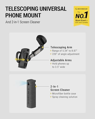 Scosche UH2WDEXCLN Universal Hands Free Phone Mount for Car Windshield/Dashboard, Suction Cup Cell Phone Holder with 360° Rotation, Includes Screen Cleaner, Stand Compatible with iPhone and Android – Enhanced Compatibility and Speed