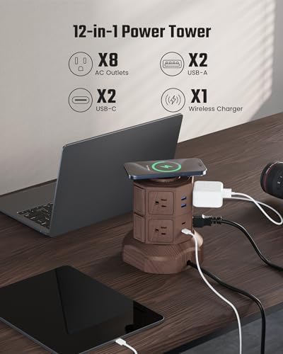 Revolutionize Your Charging Setup with SUPERDANNY Power Strip Tower – 15 W Wireless Charger, 6.5 Ft Retractable Cord, 1050 J Surge Protection, 8 Outlets & 4 USB Ports (2 USB-C) for Ultimate Home and Office Versatility