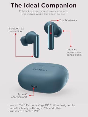 Lenovo TWS Yoga PC Edition Earbuds in Tidal Teal – Experience Superior Sound with Cutting-Edge Active Noise Cancellation, Bluetooth 5.3 Connectivity, and 3-Mic ENC for Exceptional Call Clarity – Tailor Your Audio with Customizable AI EQ Mode for Gaming, Entertainment, and Professional Applications – Ergonomically Designed for All-Day Wear and Effortless Versatility