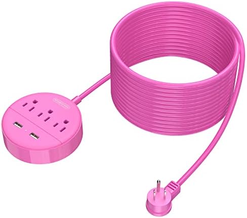 Stylish 25 ft Rose Pink Extension Cord by NTONPOWER – Flat Plug Power Strip with 3 AC Outlets & 2 USB Ports, Versatile Wall Mount Charging Station for Home, Dorm, or Office – ETL Certified for Enhanced Safety and Performance