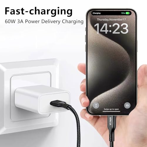 15 FT USB-C to USB-C Charging Cable (2 Pack, 60 W) – High-Speed Data Transfer & Power Delivery for i Phone 15 Pro, Samsung Galaxy S23/S22, Google Pixel 6 Pro, and More – Ultimate Compatibility & Durability for On-the-Go Charging Solutions
