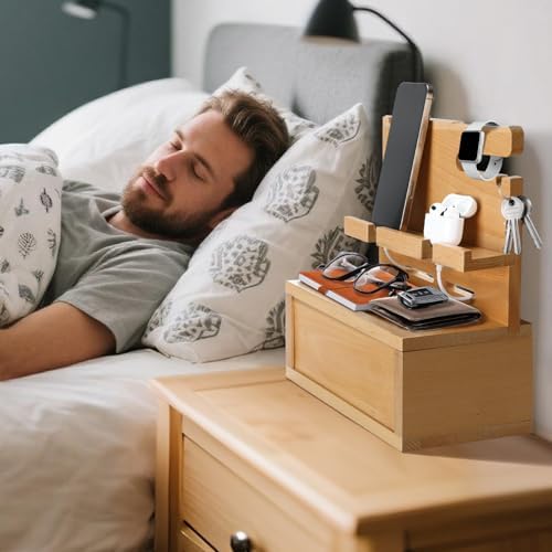 Sustainable Beechwood Nightstand Organizer with Integrated Cable Management – Elegant Phone Docking Station for Men, Boyfriends, and Husbands – Ideal Gift for Birthdays and Anniversaries in Light Yellow – Enhances Organization and Style