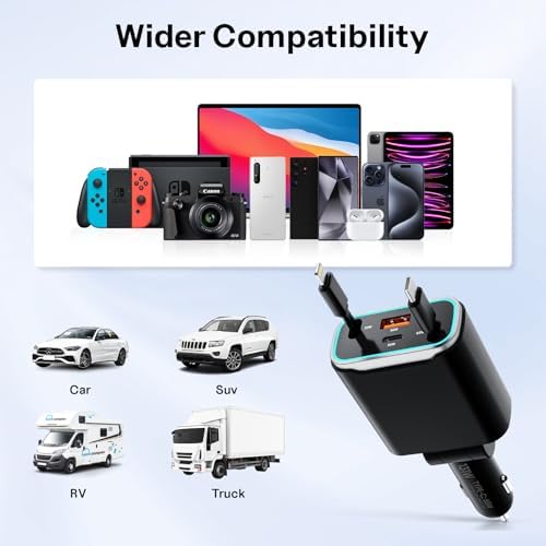 4-in-1 Retractable Fast Car Charger for i Phone & Samsung – 131 W Dual USB Adapter with 31.5-Inch Cables for Ultimate Convenience and Speed on the Go