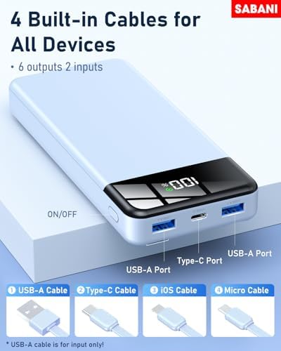 SABANI 35000 m Ah Power Bank – All-in-One Portable Charger with 4 Integrated Cables, 22.5 W Fast Charging for i Phone 16/15/14/13 & Samsung Android Devices – Ultimate On-the-Go Battery Solution in Sleek Black Design for Seamless Connectivity and Reliability