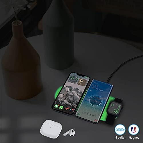 Revolutionize Your Charging Routine with the Magnetic 5-Coil Fluorescent 3-in-1 Wireless Charging Pad – Seamlessly Compatible with Mag Safe for i Phone 12/13, Air Pods & Apple Watch, Featuring Fast Charging Capability with 36 W Adapter Included, Ideal for Home & Office Use