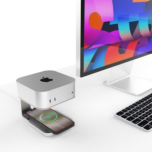 Aluminium Alloy Desk Stand with Integrated Wireless Charger for Mac Mini M4/M4 Pro – Optimized for Mobile Phones and Headphones with Enhanced Heat Dissipation and Space-Saving Design, USB-C Compatible, Customizable with Apple Mag Safe Charger, Anti-Slip Silicone Pad for Stability and Scratch Prevention