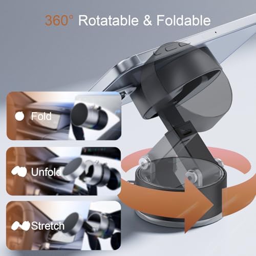 360° Rotation Vacuum Suction Phone Holder Stand for Magsafe, Foldable Magnetic Phone Holders for Your Car, Adjustable Suction Cup Phone Mount for iPhone 16/15/14/13/12, Black – Enhanced Compatibility and Speed