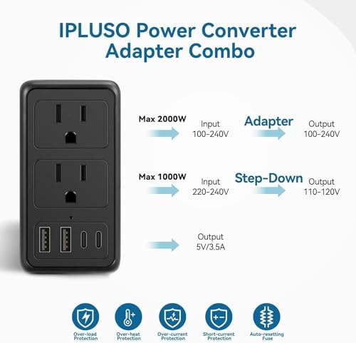 High-Power 2000 W Voltage Converter for Hassle-Free 220 V to 110 V Adaptation – Essential Travel Adapter with Fast Dual USB-A & USB-C Ports for Hair Dryers – Ultimate US to EU/UK/AU Plug Compatibility for Multi-Device Charging on the Go
