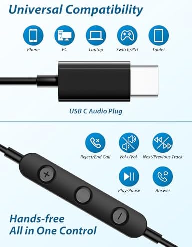 Ultra-Light USB C Wired Earbuds for i Phone 16 Pro Max & i Pad Pro – Premium High-Resolution Audio Headphones for Samsung Galaxy S25, S24, S23 & Google Pixel 9 Pro – Comfort-Focused Design with Crystal-Clear HD Microphone for Premium Calling & Immersive Sound Experience