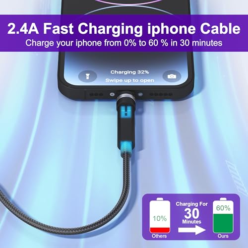 Revolutionize Your Charging Experience: 6.6 FT 90-Degree Lightning Cable with 360-Degree Rotating Head – MFi Certified, High-Speed 2.4 A Fast Charge, Durable Nylon Braided Design – Perfect for i Phone 14/13/12/11/X/8/7/6/5, i Pad, and i Pod – Seamless Use in Any Orientation