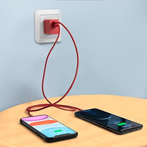 20 W Fast Charging USB C Wall Charger Duo – Dual Port USB-C & USB-A Power Adapter with 2 ft Cable for i Phone 14/13/12/11 Pro Max, Google Pixel, Galaxy & More – Sleek Red Design for Enhanced Compatibility and Speed