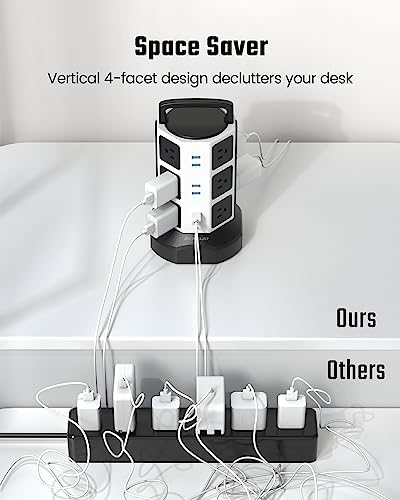 JACKYLED Power Strip Tower Surge Protector with 12 Outlets and 6 USB Ports (2 USB-C) – High-Speed Charging Station with 1050 Joules Protection, 1625 Watts, 6.5 ft Extension Cord for Enhanced Home Office Efficiency and Device Safety