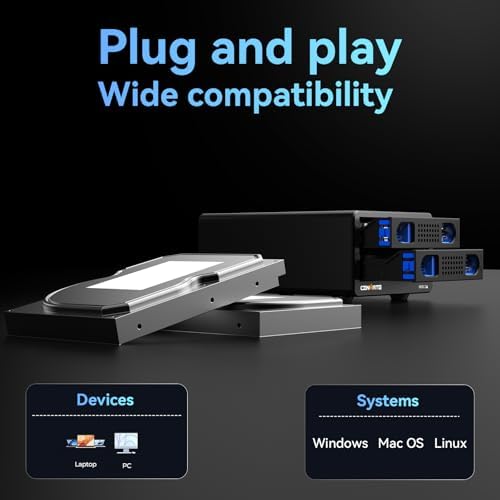 High-Performance Aluminum Dual Bay Hard Drive Enclosure – 10 Gbps USB 3.2 Gen 2 with Cooling Fan for 2.5”/3.5” SATA HDD/SSD, Hot Swappable & Daisy Chain Expansion, Tool-Free Setup for Seamless Data Management