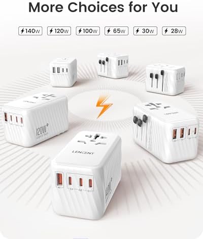 LENCENT 85 W Universal Travel Adapter with Retractable USB-C Cable – High-Speed International Plug Converter Featuring 3 Type-C & 1 USB-A Ports for Effortless Worldwide Charging – Your Ultimate Travel Essential for Maximum Compatibility, Fast Charging, and Ga N Technology Efficiency