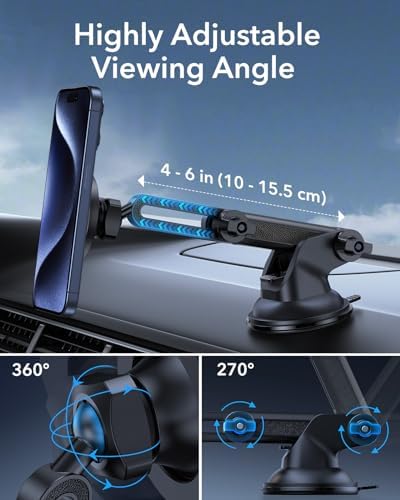 ESR Magnetic Dashboard Phone Holder for Car – Ultimate Mag Safe Mount for i Phone 12-16 & Samsung Devices – Secure Windshield Vacuum Grip with 2 Metal Rings – Sleek, Hands-Free Access for GPS & Calls – Essential Car Accessory for Safe Driving