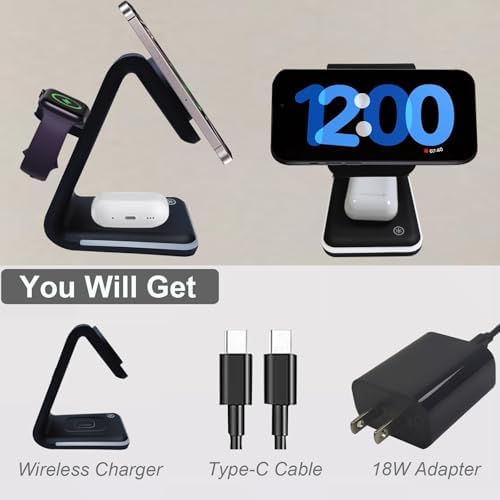Ultimate 3-in-1 Magnetic Wireless Charging Station with Nightlight – Fast 15 W Apple Mag Safe Charger for i Phone 12/13/14/15/16, i Watch Series, and Air Pods – Sleek Design for Enhanced Compatibility and Efficient Power-Up