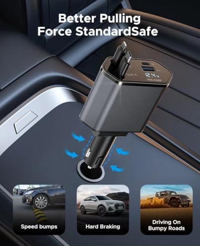 Versatile Retractable Car Charger – 4 in 1 Fast Charging Solution with Dual Type C Cables and 2 USB Ports for i Phone 15/14/13/12/11 Pro Max, Galaxy, Google Pixel – Tangle-Free Convenience & Enhanced Speed for Modern Drivers