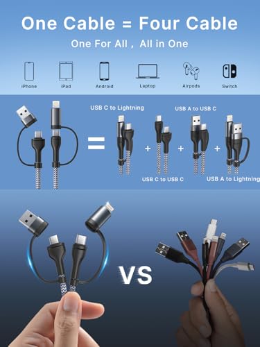 Universal 4-in-1 Multi-Device Charging Cable [2-Pack, 6.6 FT] – 60 W Fast Charging Nylon Braided Lightning & USB-C Cords for i Phone, i Pad, Samsung Galaxy, Mac Book & More – Durable & Tangle-Free Solution for Efficient Powering