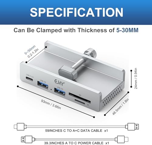 EJAY Aluminum 5-Port USB 3.0 Hub with Integrated Card Reader – Streamlined Desktop Docking Station for Ultimate Connectivity – High-Speed 5 Gbps Data Transfer, Enhanced Power Supply Options, and Extended Cables for Maximum Efficiency – Perfect for Home and Office Setups
